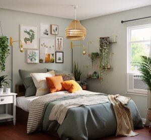 Bedroom with House plants on walls and floor
